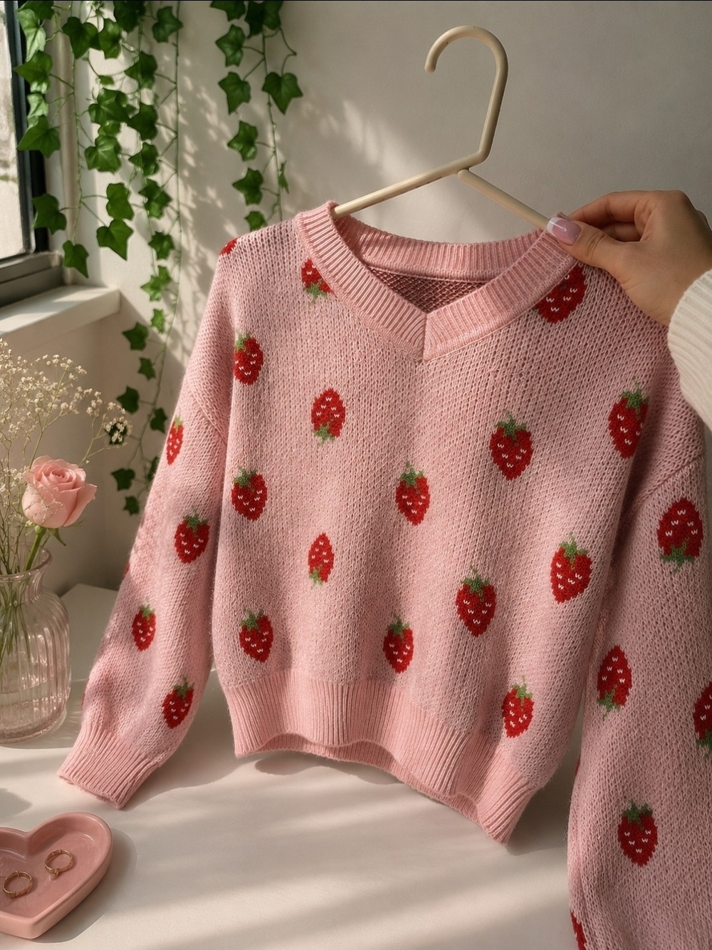 Pink Strawberry Knit Sweater - Kids Girls